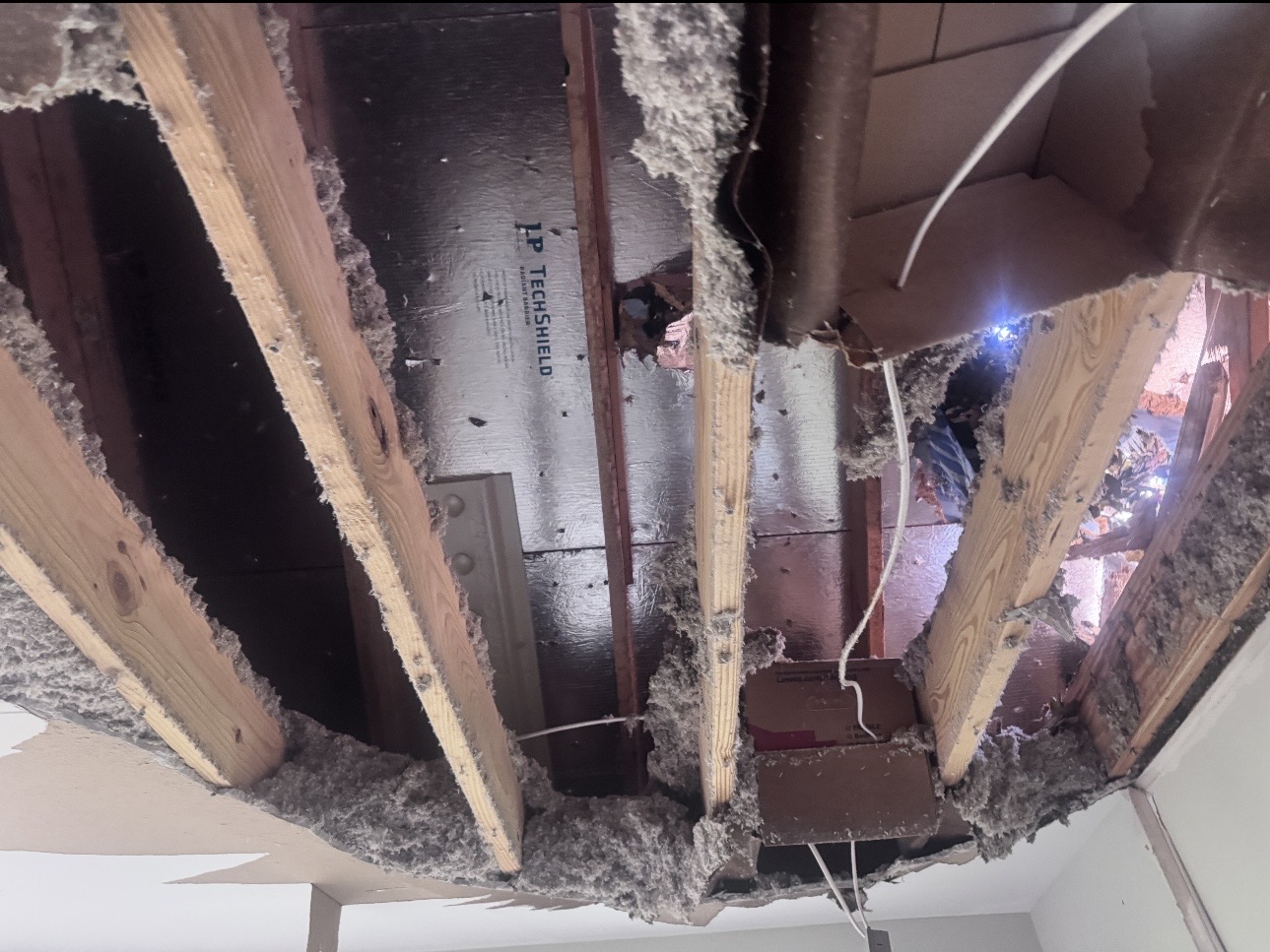 Exposed ceiling framing and insulation beneath a damaged roof
